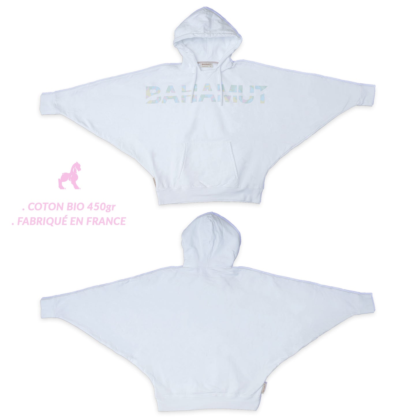 Hoodie chauve-souris Envol - N1 sur fond neutre, vu de face et de dos.
